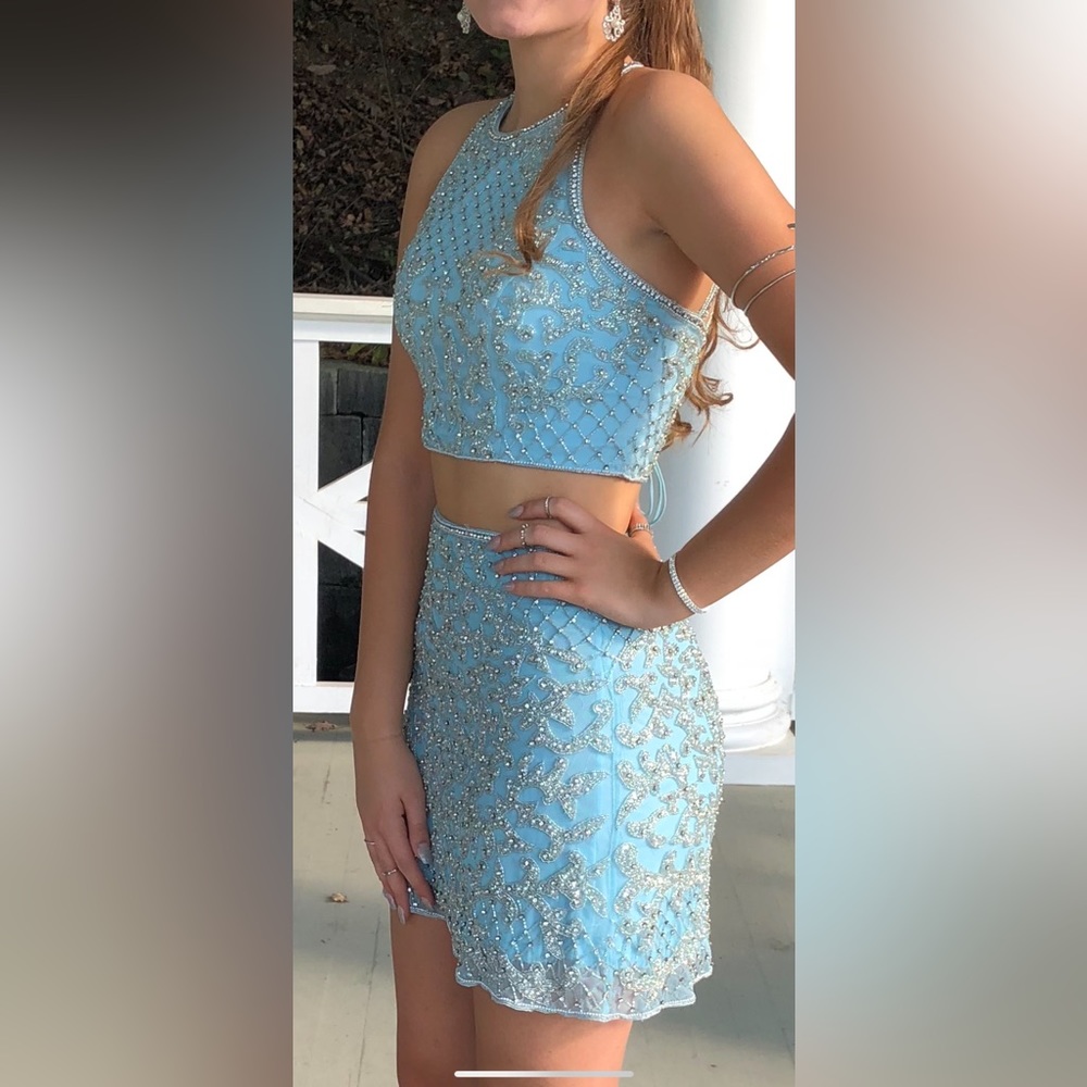 Sherri Hill Light Blue and Silver Embellished Dress